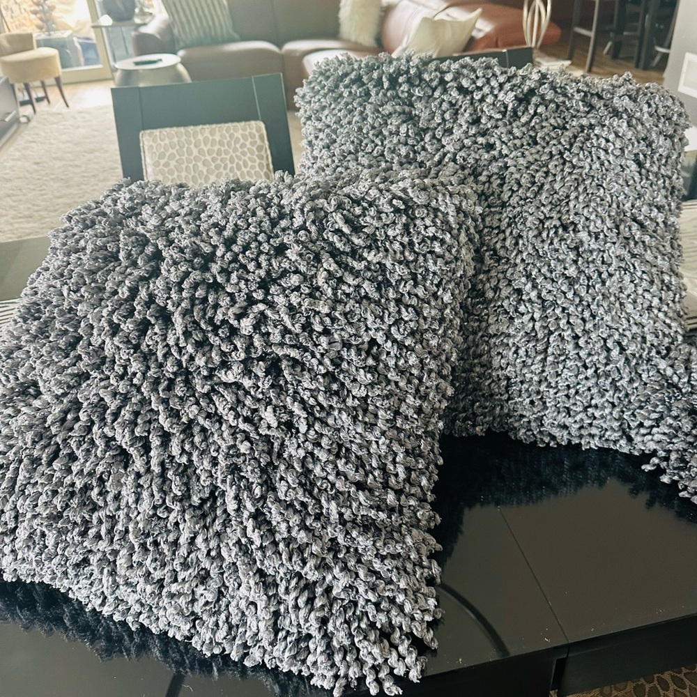 4 High End Grey twisted yarn throw pillows with metallic to thread woven through